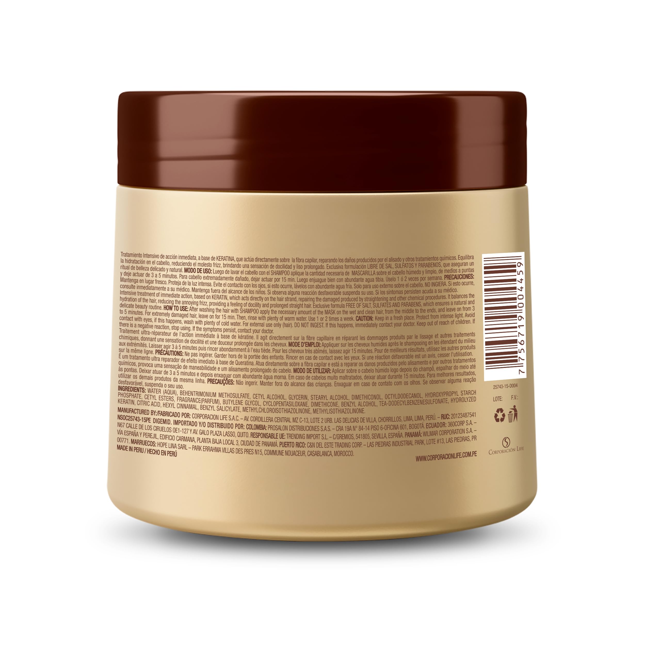 PLACENTA LIFE Be Natural Lisso Keratina – etiquette produit sans sulfates.
