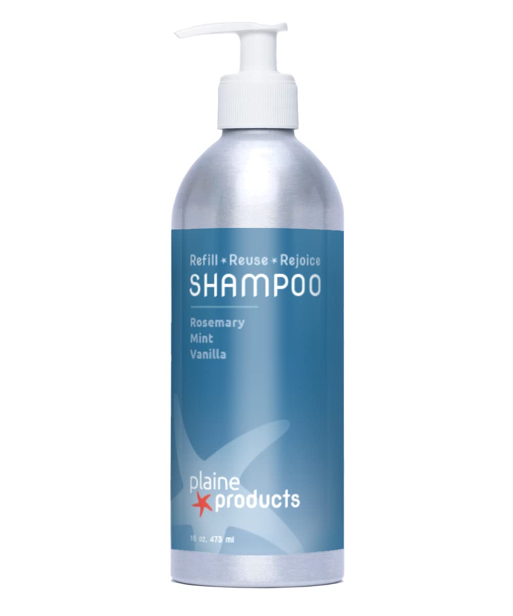 Shampoing Plaine Products – bouteille réutilisable avec pompe et parfum romarin-menthe-vanille.