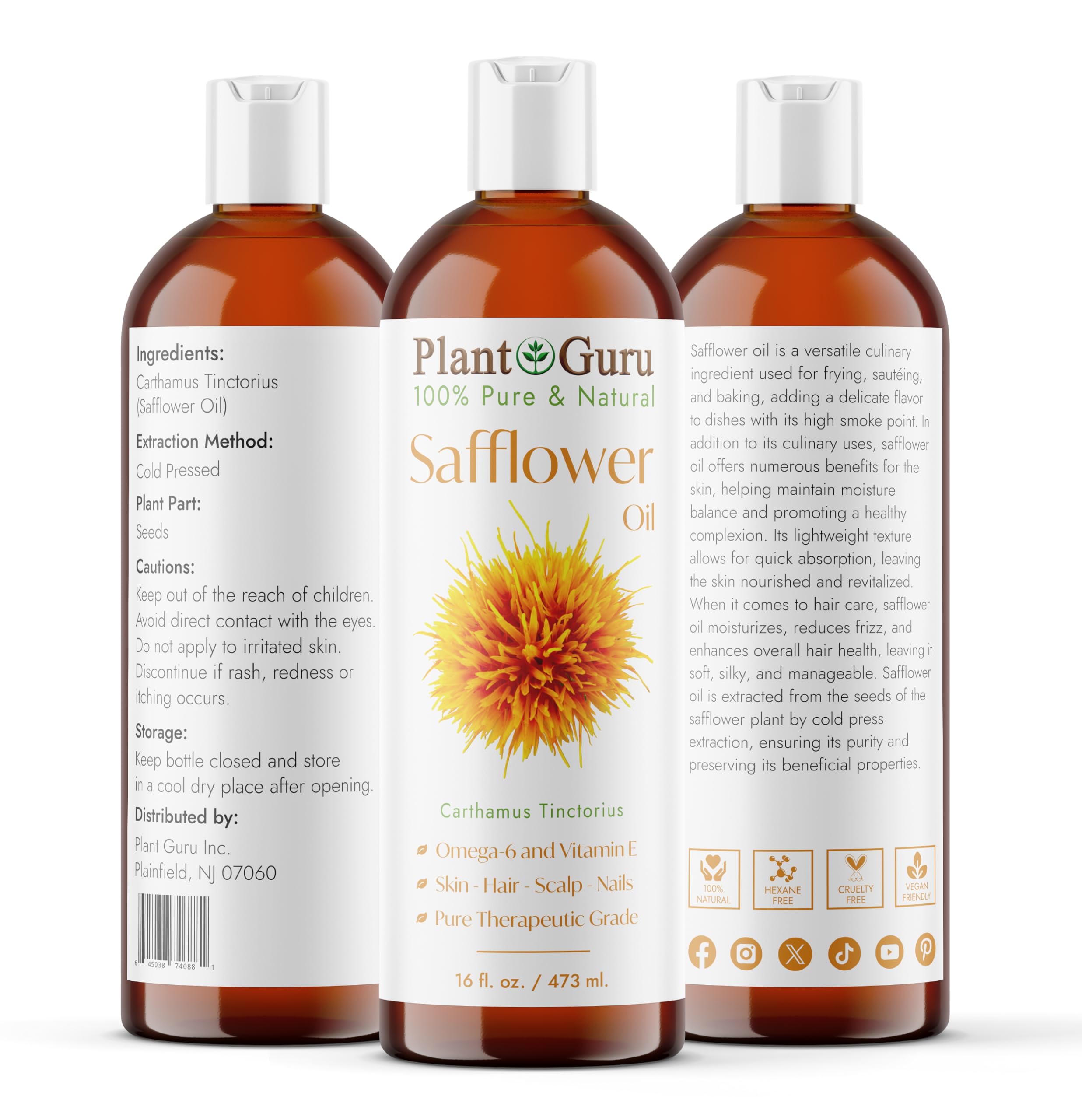 Plant Guru huile de carthame, flacon à versement facile pour crèmes maison