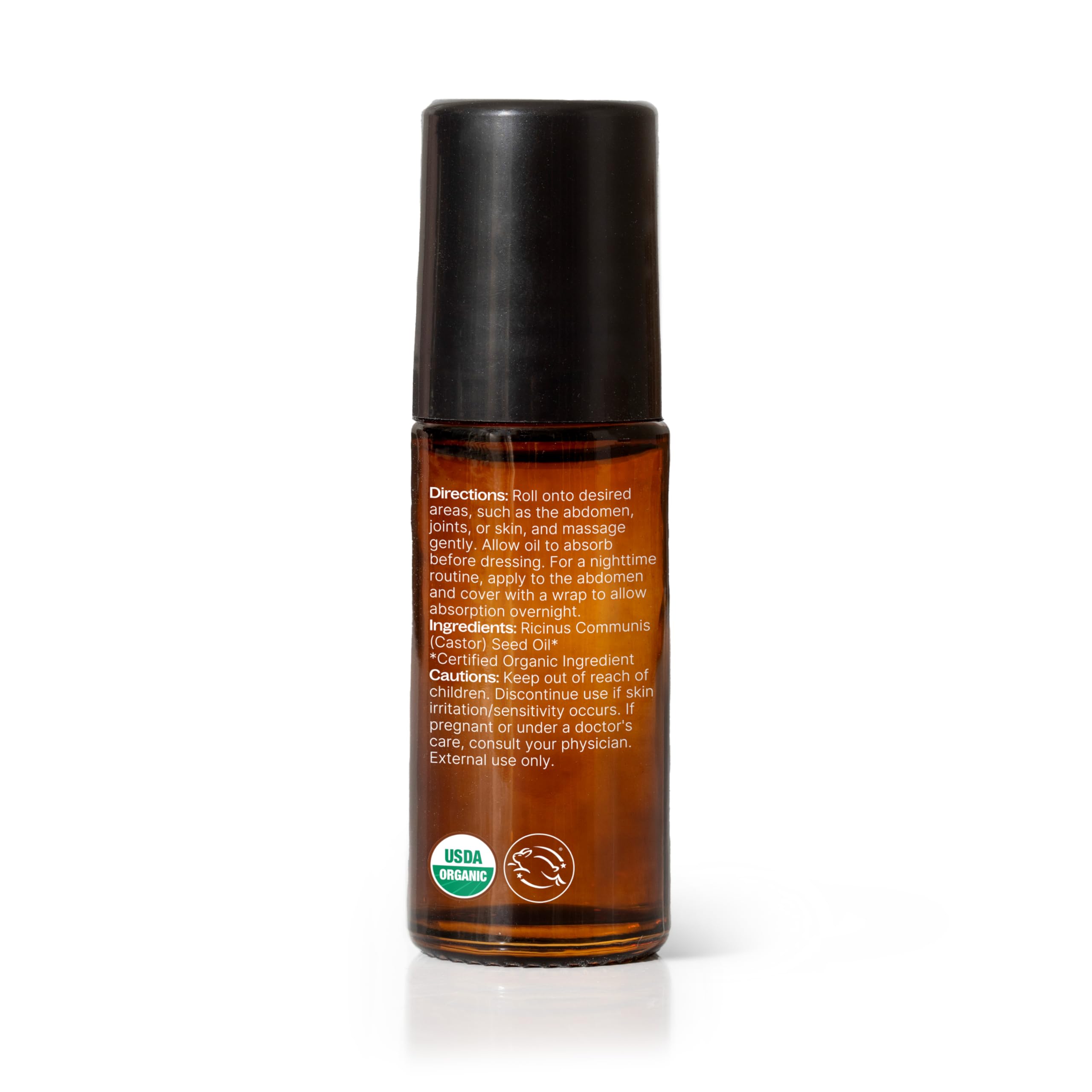 Plant Therapy Castor Oil Roll-On packaging highlights quality and usage.