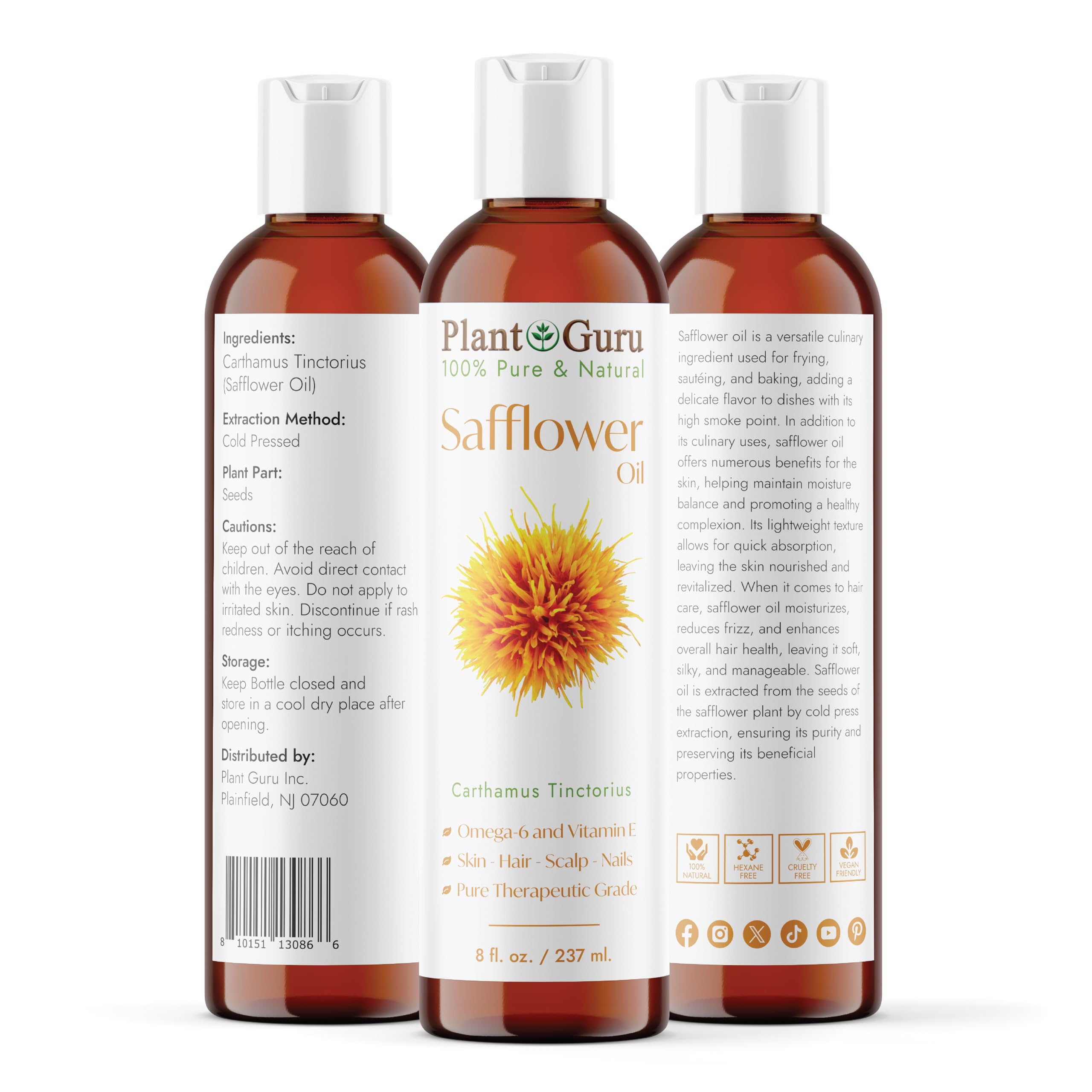 Plant Guru huile carthame – pression froide: conserve les nutriments essentiels.