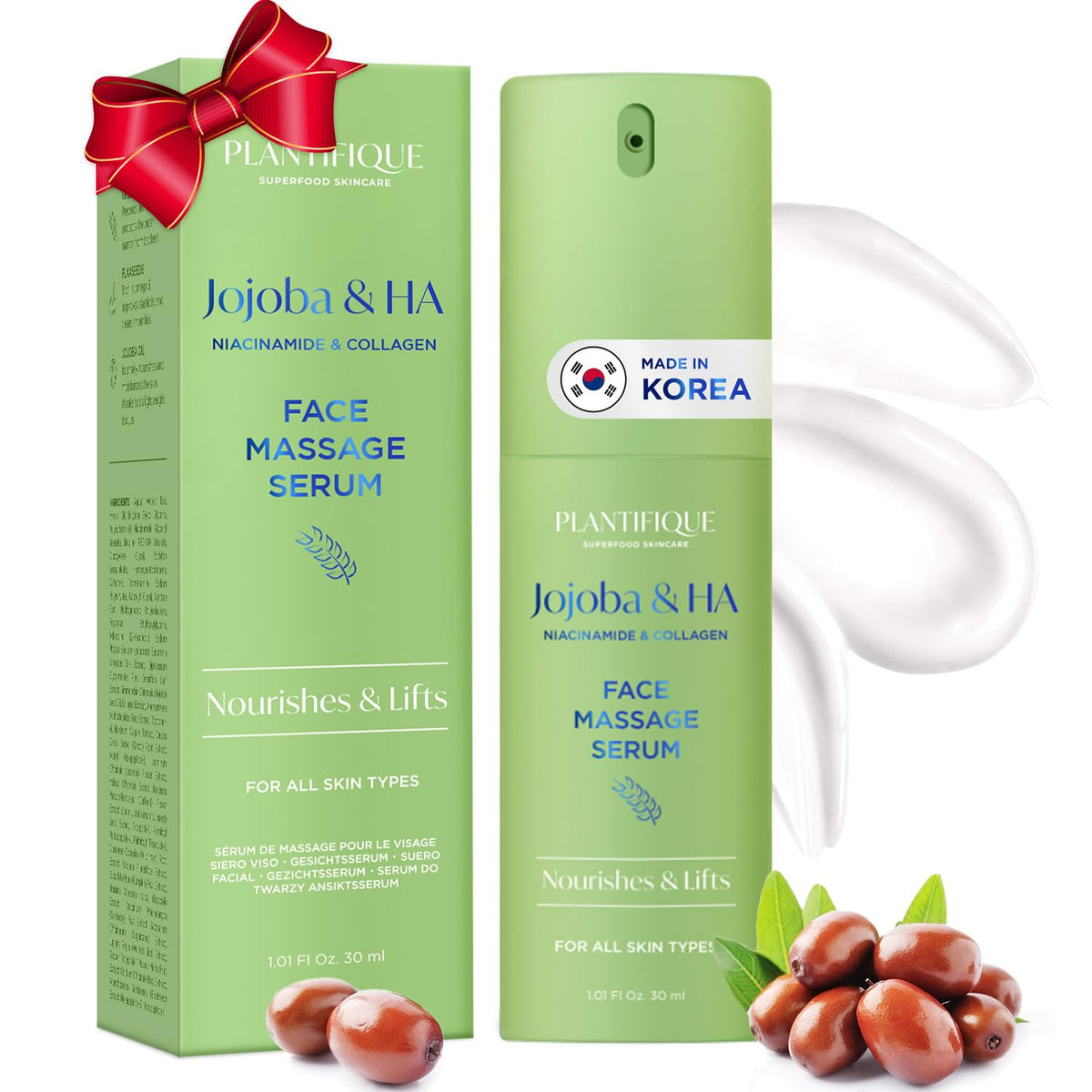 PLANTIFIQUE bouteille d'huile jojoba et hyaluronique montrant une hydratation durable.