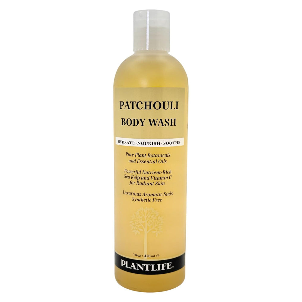 Plantlife Patchouli Body Wash en bouteille, arôme terreux et hydratant.