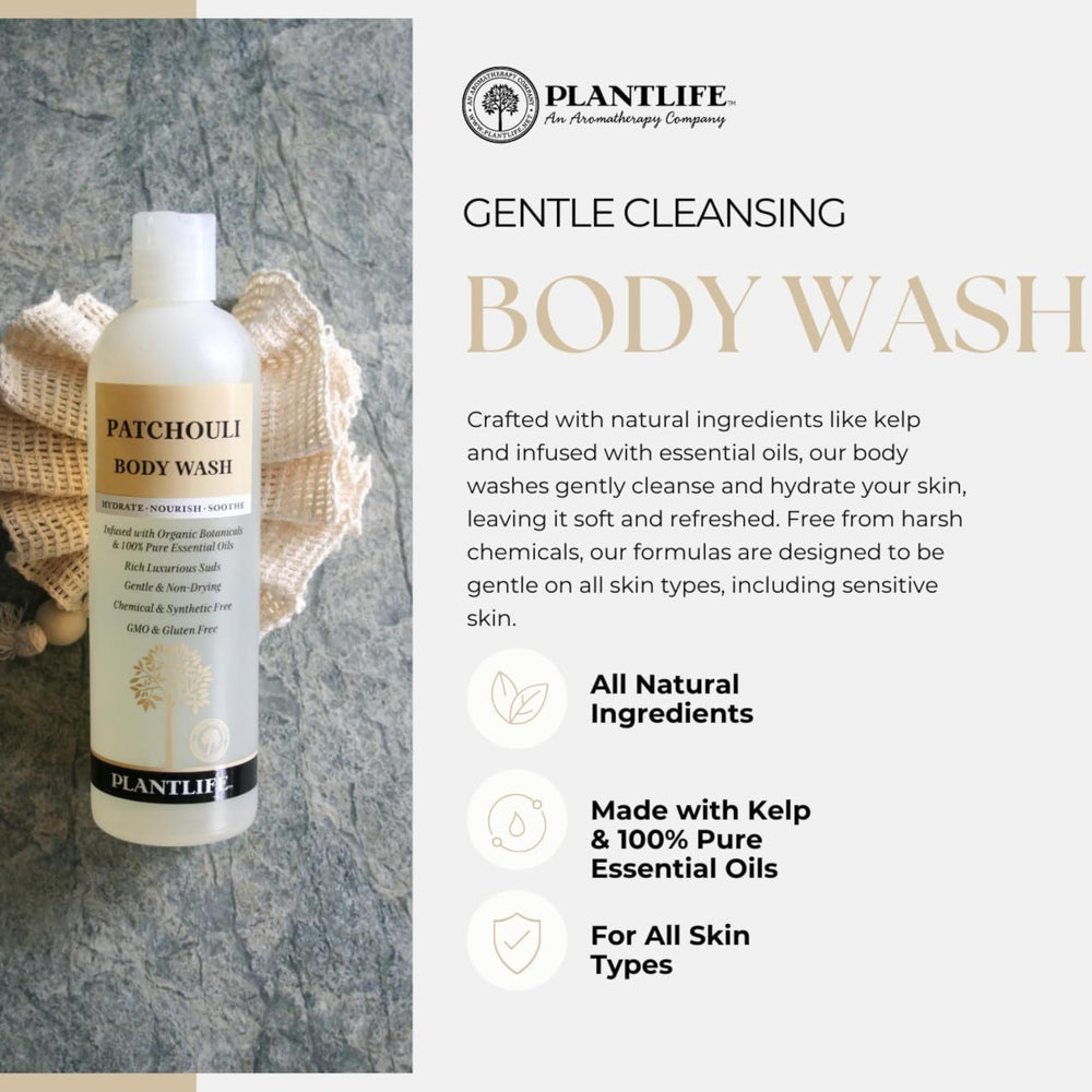 Texture crèmeuse du Plantlife Patchouli Body Wash pour peau douce.