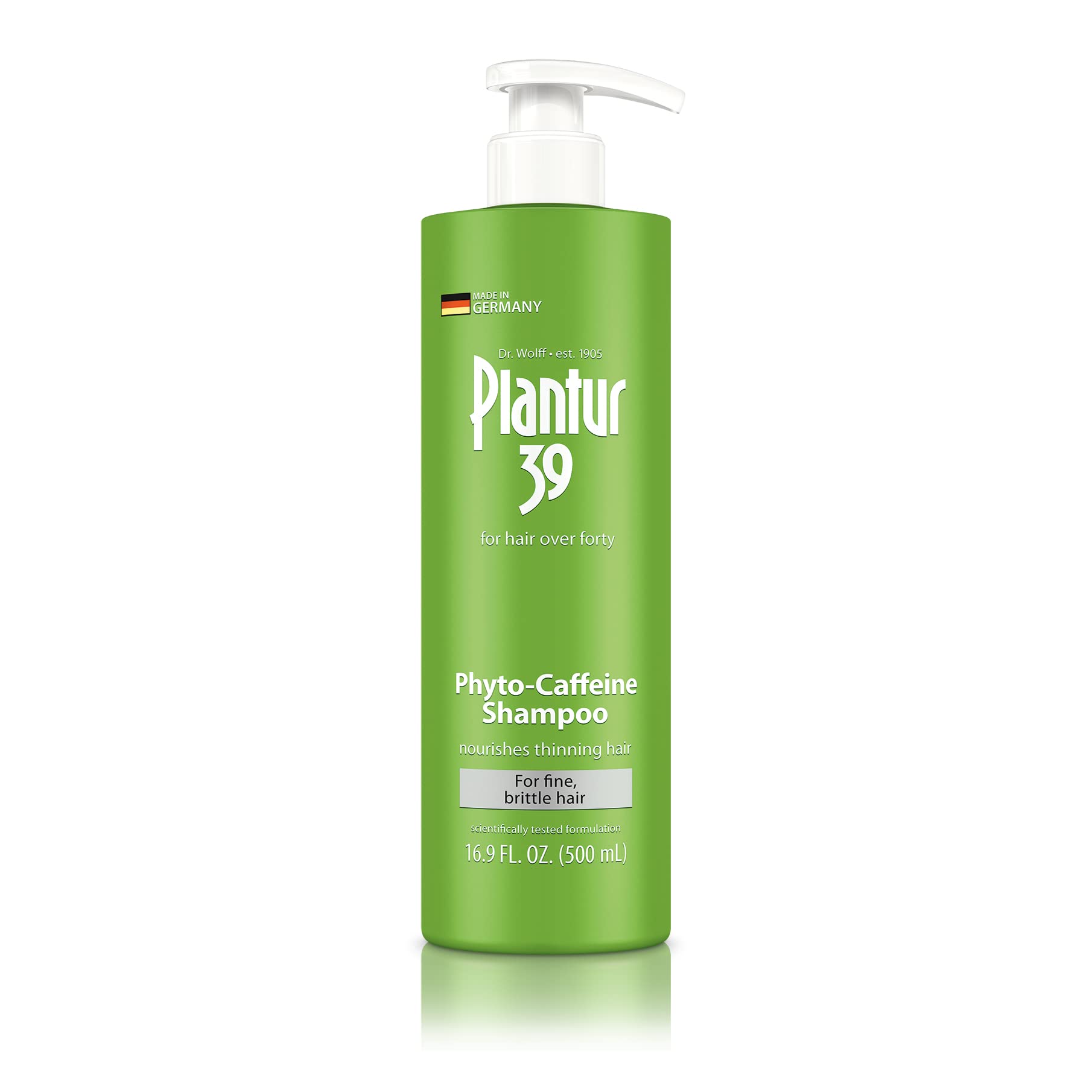 Plantur 39 Shampoing, bouteille élégante, utilisation quotidienne suggérée pour cuir chevelu sain.