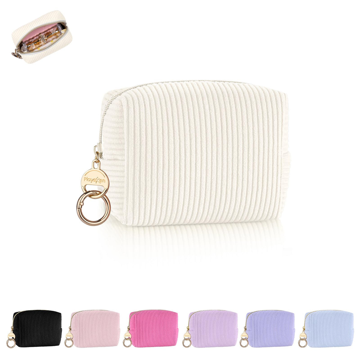Playexen Mini Trousse velours côtelé beige, face ouverte montrant l'espace de rangement pratique.