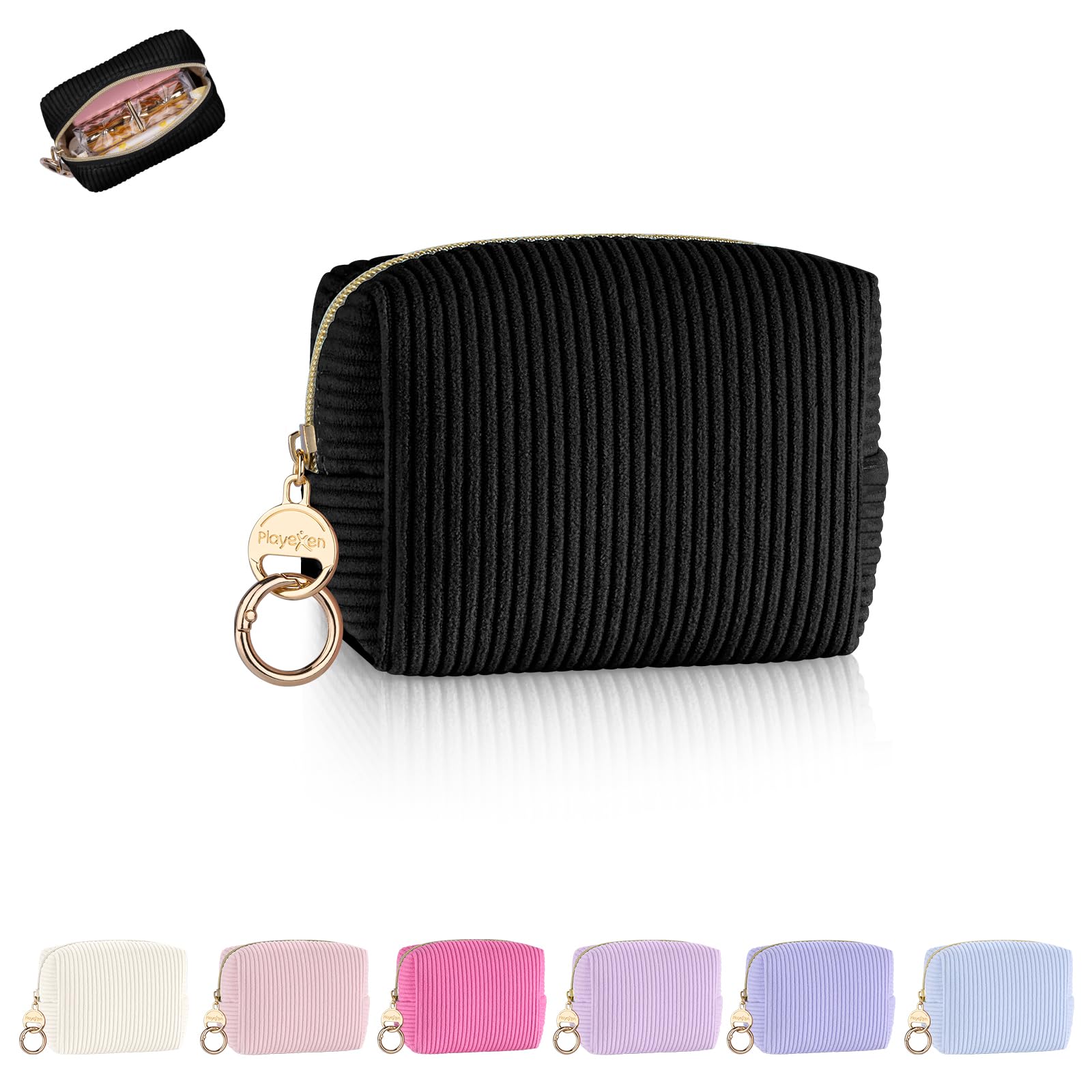 Trousse Playexen mini velours côtelé noir ouverte, rangement pratique.