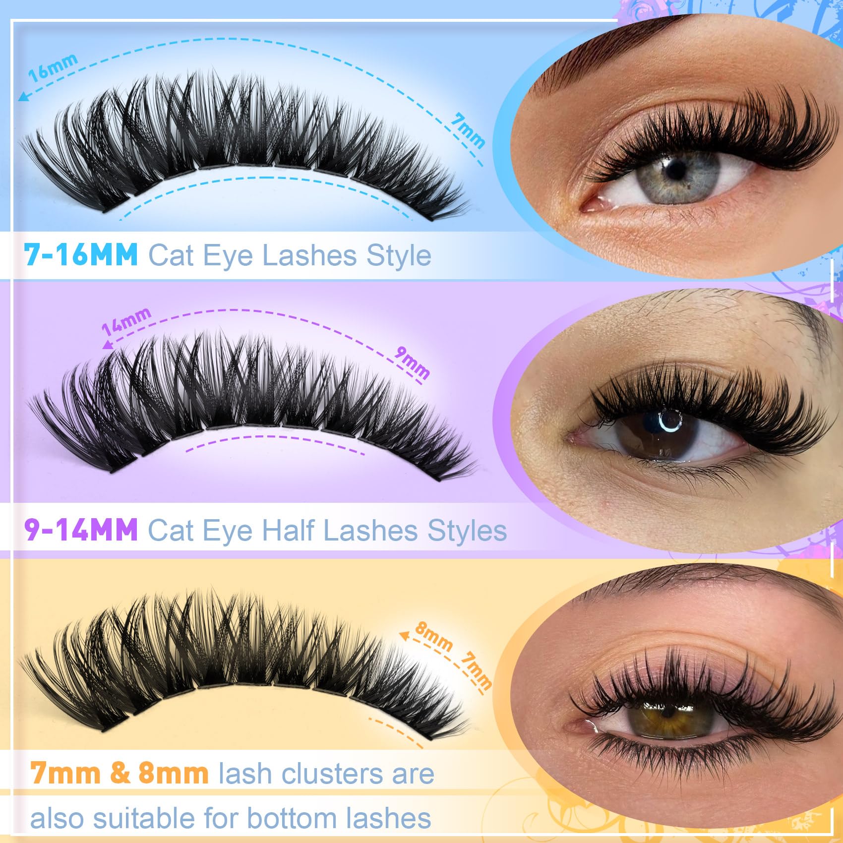 Pleell clusters cils: longueurs 7 à 16 mm pour effet œil de chat.
