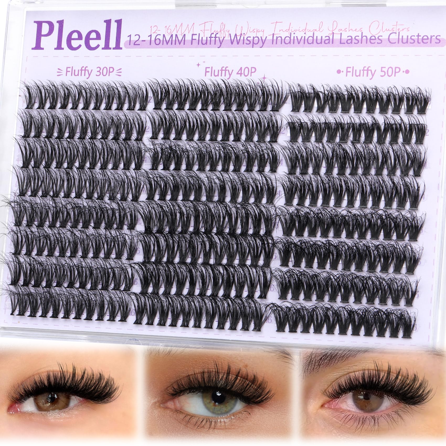 Pleell groupes cils 30D-40D-50D, variation 12–16 mm pour un look naturel.