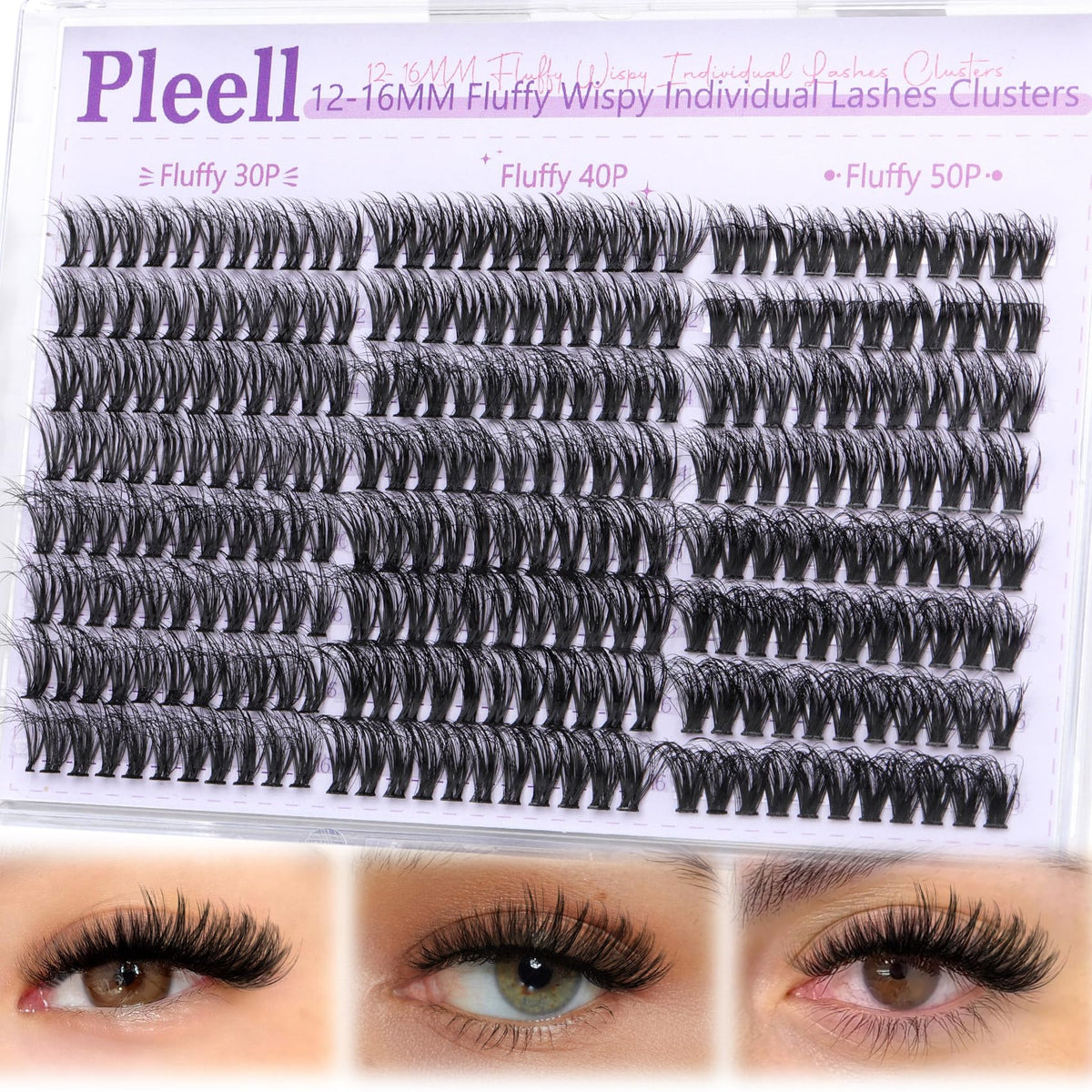Pleell groupes cils 30D-40D-50D, variation 12–16 mm pour un look naturel.
