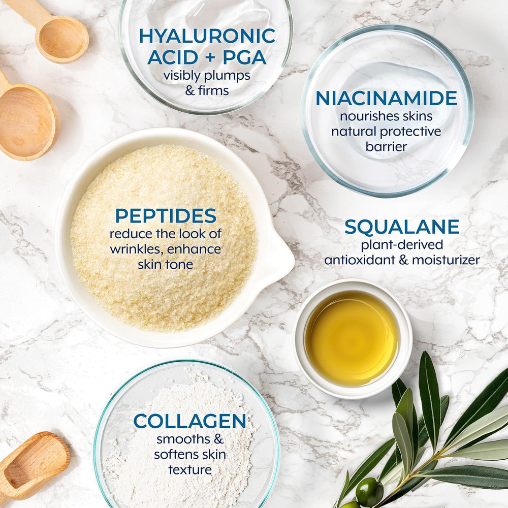 Plexaderm Night Time Collagen Serum application showing peptide and hyaluronic acid benefits.