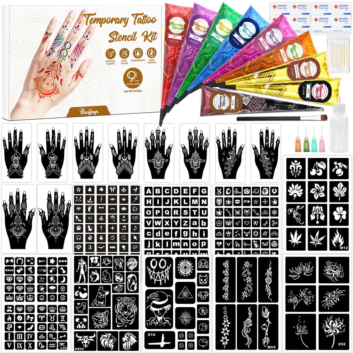 PllusJoys palette de 9 couleurs pour tatouages temporaires faciles et éclatants.