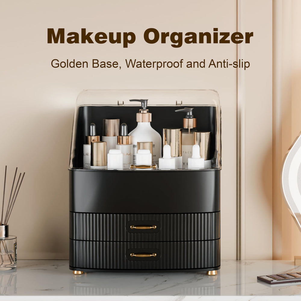 Plukers Organisation maquillage avec poignées métal luxe et ouverture fluide.