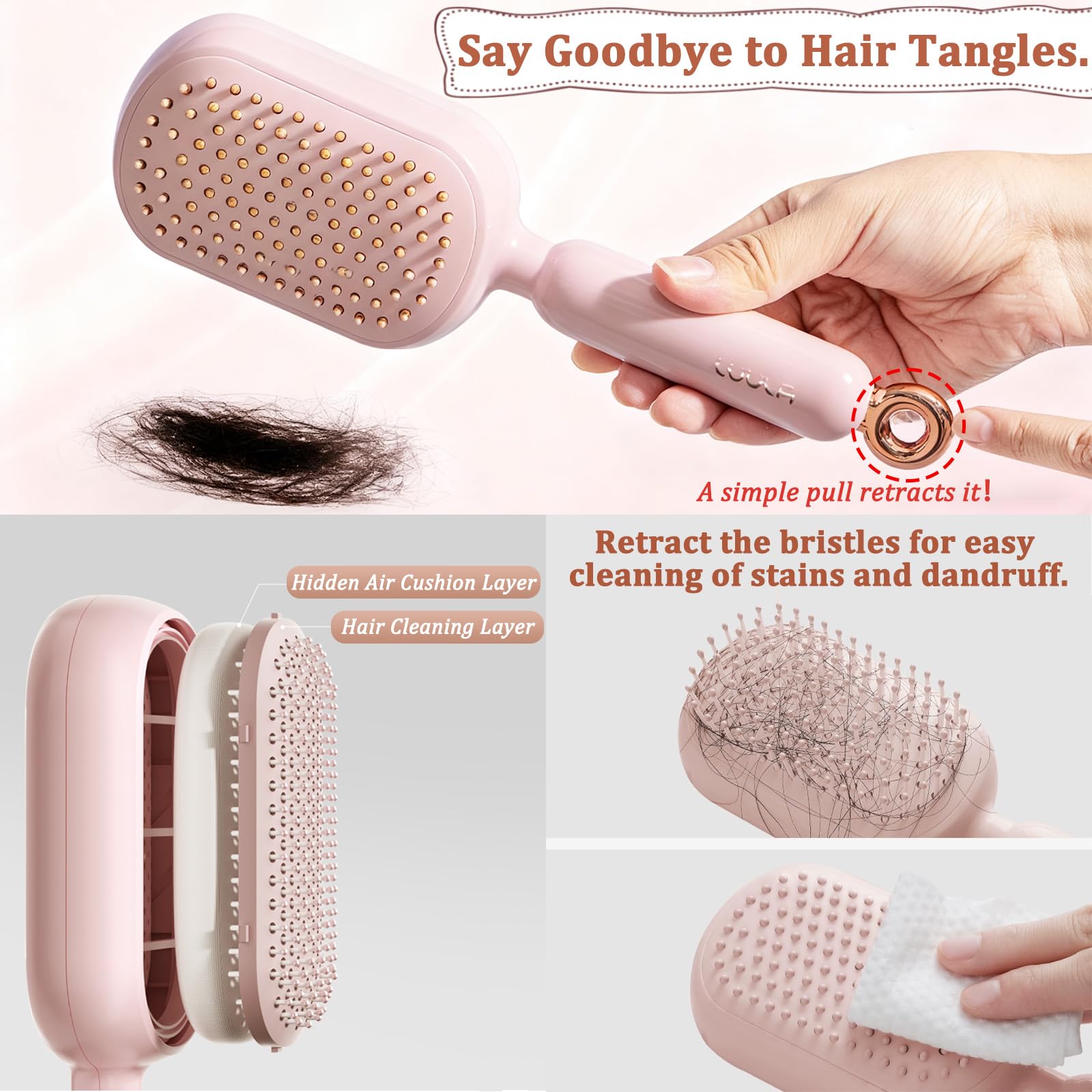 PMDYBY brosse-portable-retractable-rose, idéal pour voyager et gagner du temps.