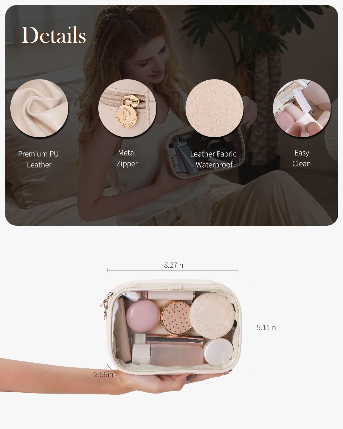 Pocmimut Trousse Maquillage Transparente – design beige : élégant accessoire de voyage.