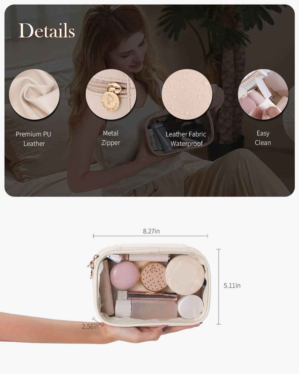 Pocmimut Trousse Maquillage Transparente – design beige : élégant accessoire de voyage.