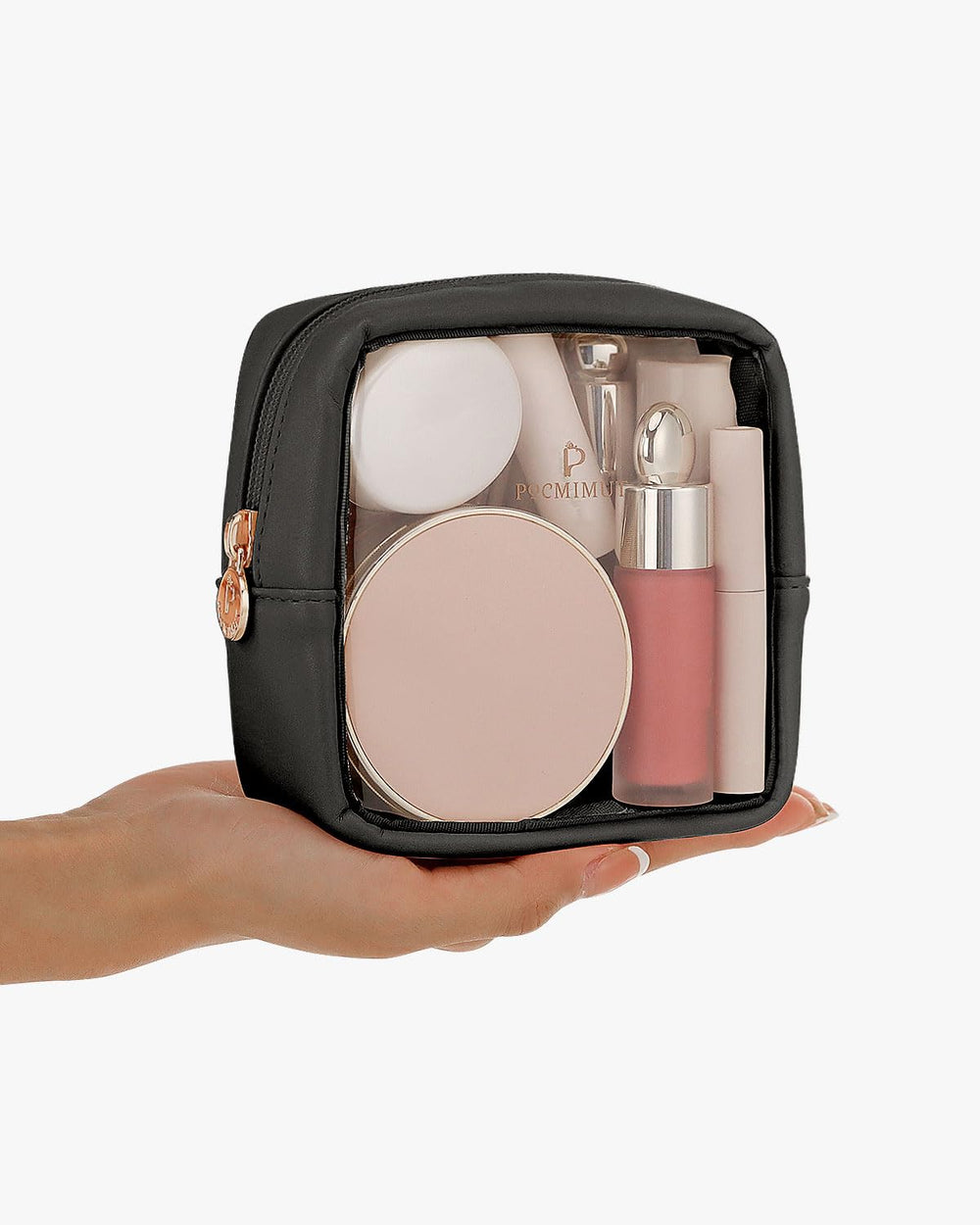 Pocmimut trousse maquillage transparente durable, PU résistant pour voyages répétés.