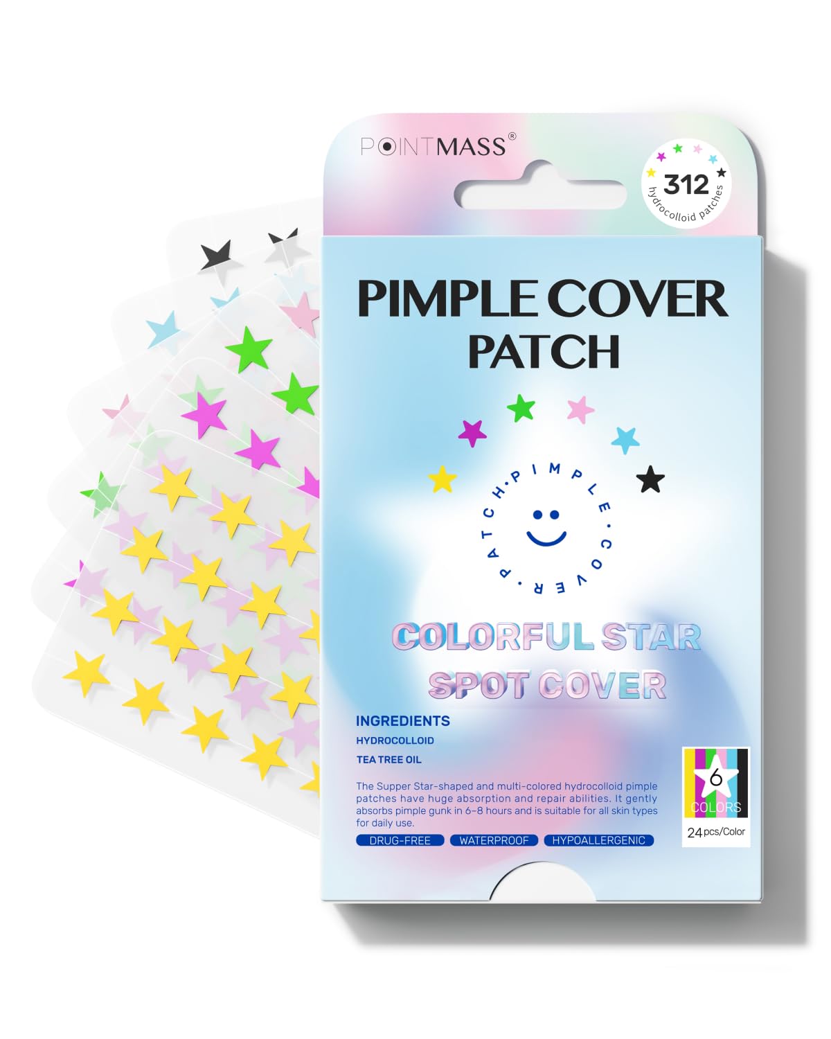 Patch POINTMASS étoile visage, emballage individuel, pratique pour usage en déplacement.