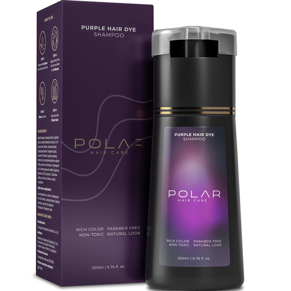 Polar Hair Care: bouteille de shampooing colorant violet prête pour cheveux gris.
