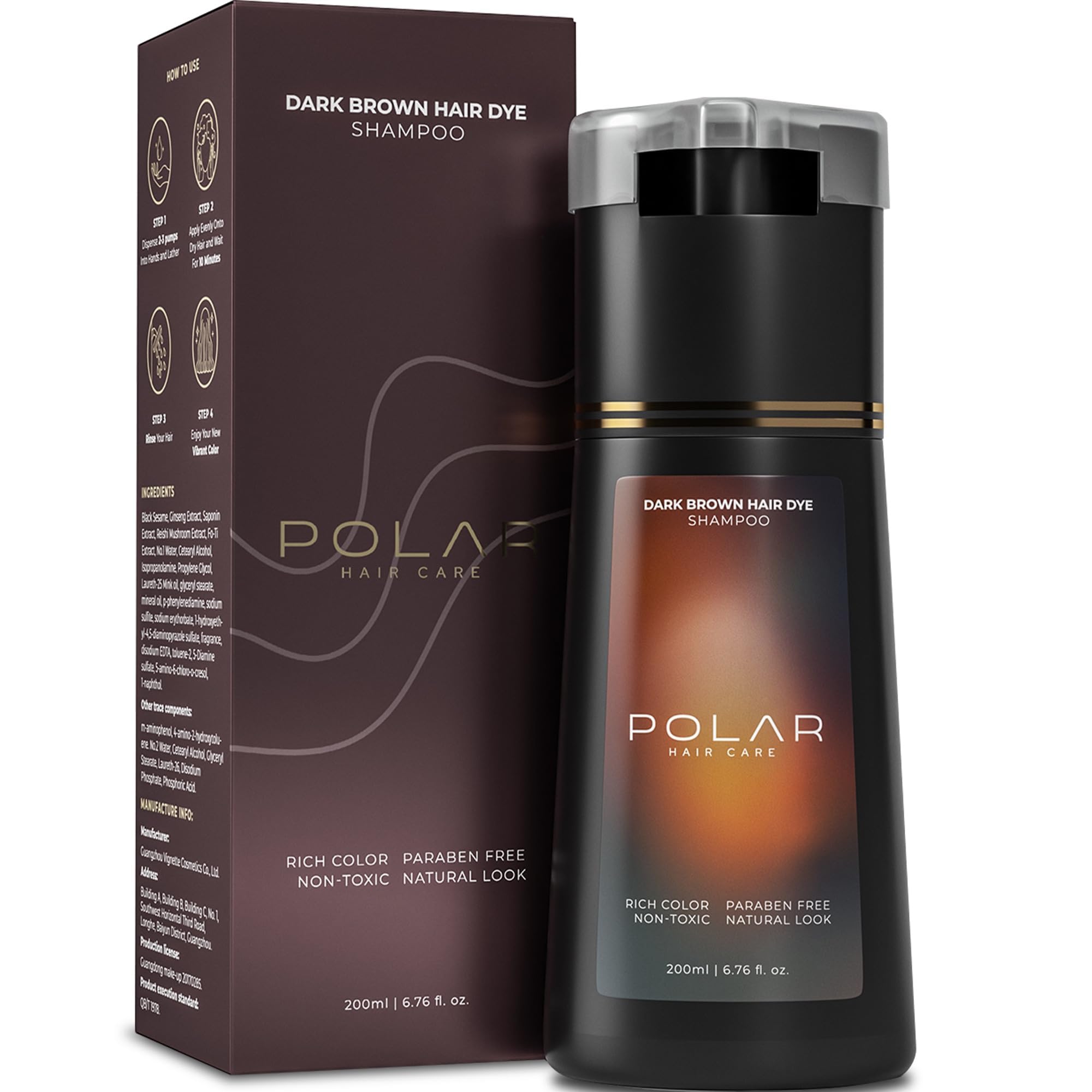 POLAR HAIR CARE: emballage du shampooing-teinture brun foncé prêt à l’emploi