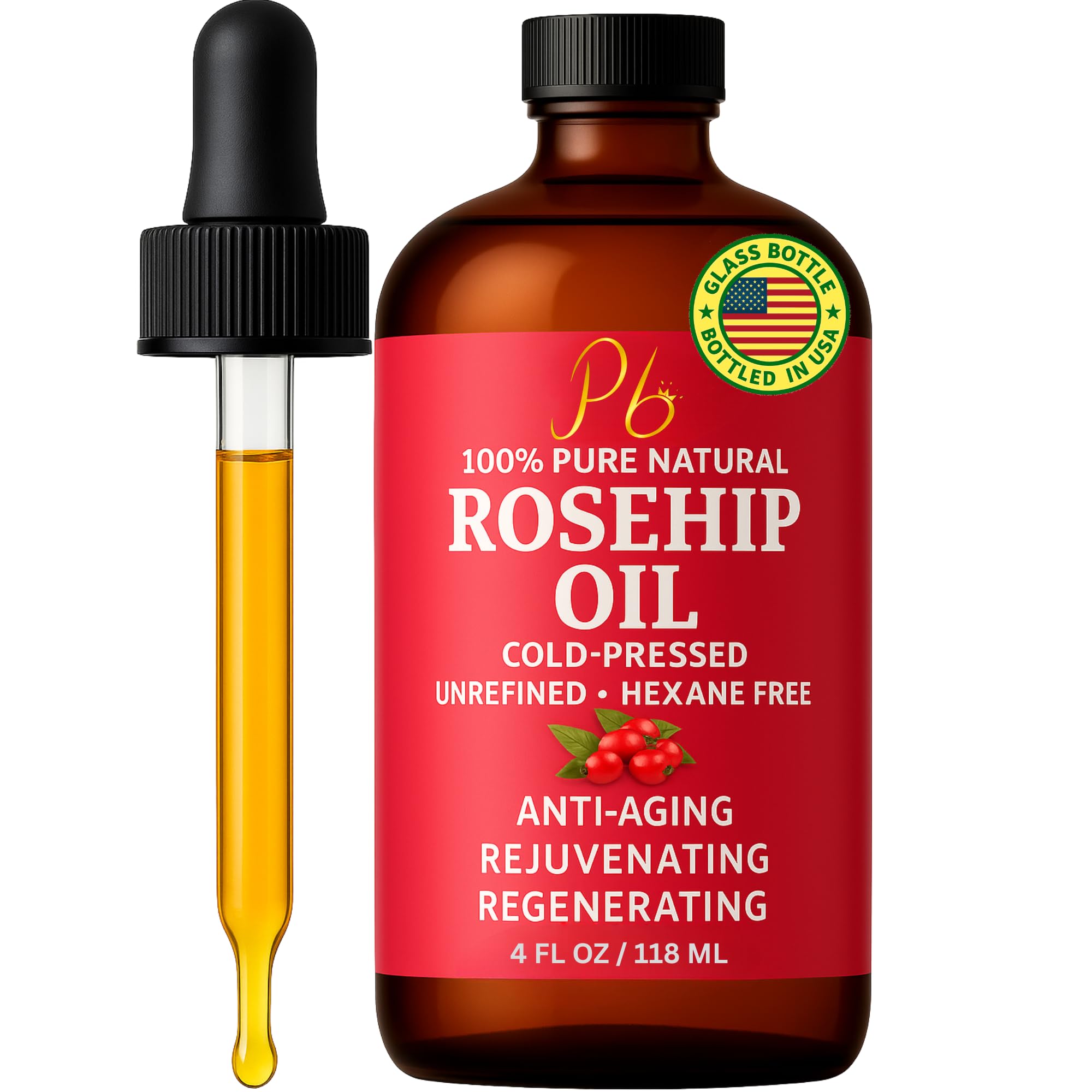 Pomberries huile rose musquée en bouteille ambrée pour le visage