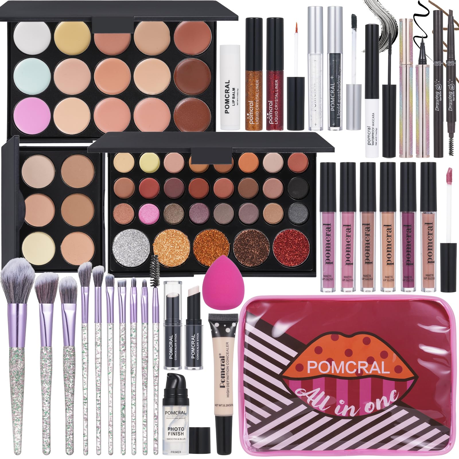 Vue du kit maquillage complet Pomcral prêt à l'emploi pour toutes les occasions.