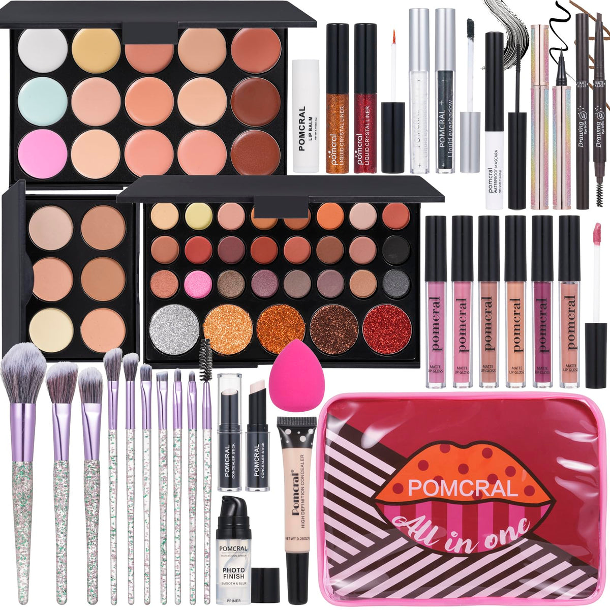 Vue du kit maquillage complet Pomcral prêt à l'emploi pour toutes les occasions.
