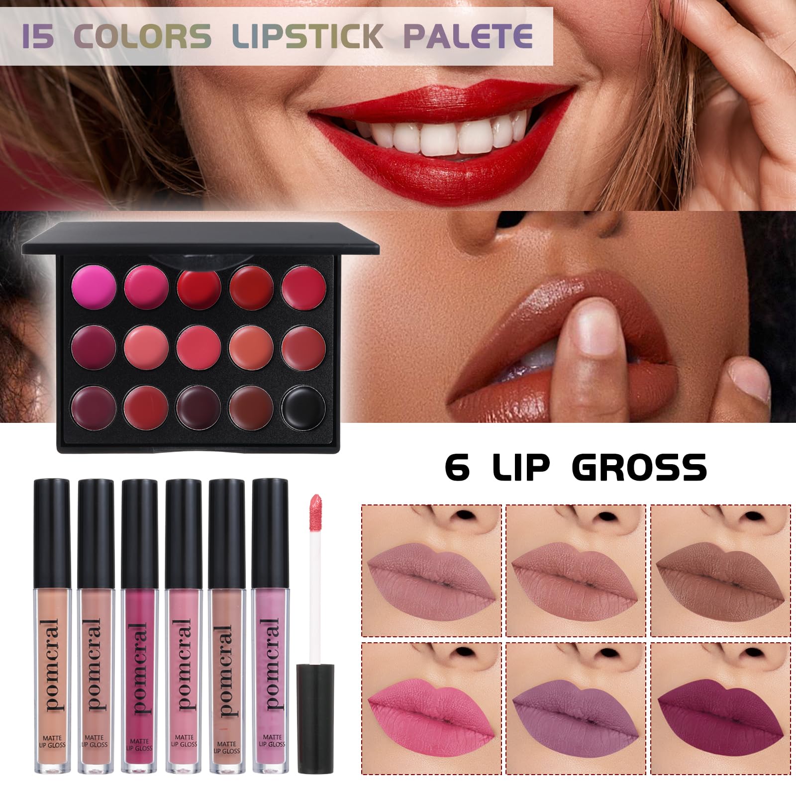 Set gloss lèvres Pomcral, fini brillant et hydratant.