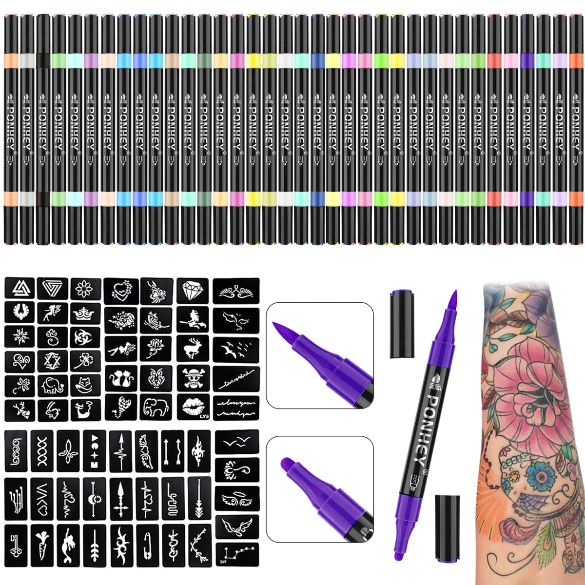 Ponhey marqueurs tatouage pour le corps — ensemble coloré et polyvalent pour des designs uniques.
