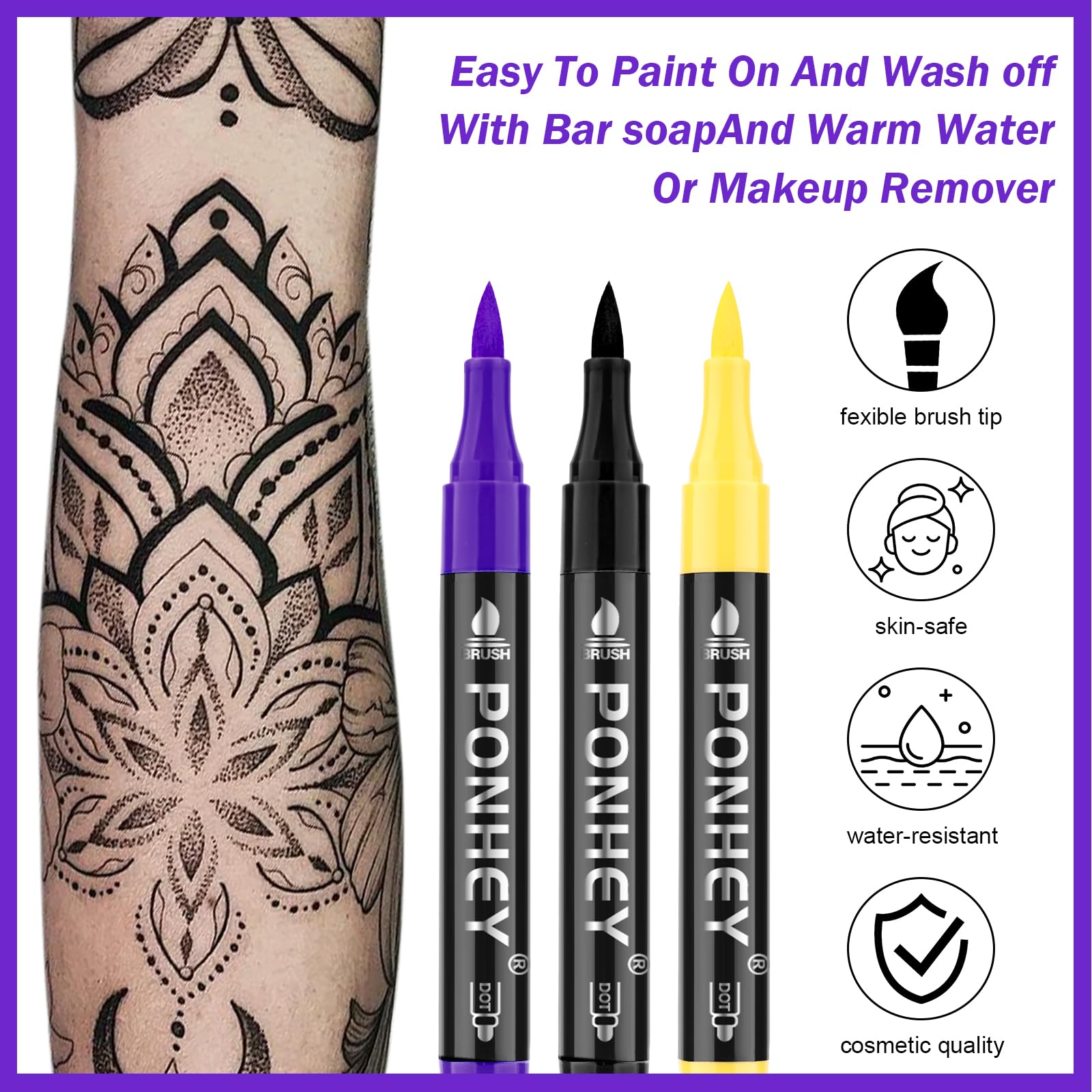 Ponhey stylo tatouage double-embout — détails fins et zones plus larges faciles.