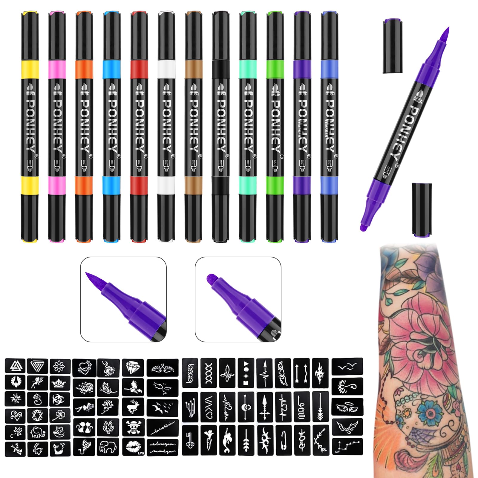 Ponhey tatouage temporaire avec 24 couleurs et pochoirs pour designs uniques.