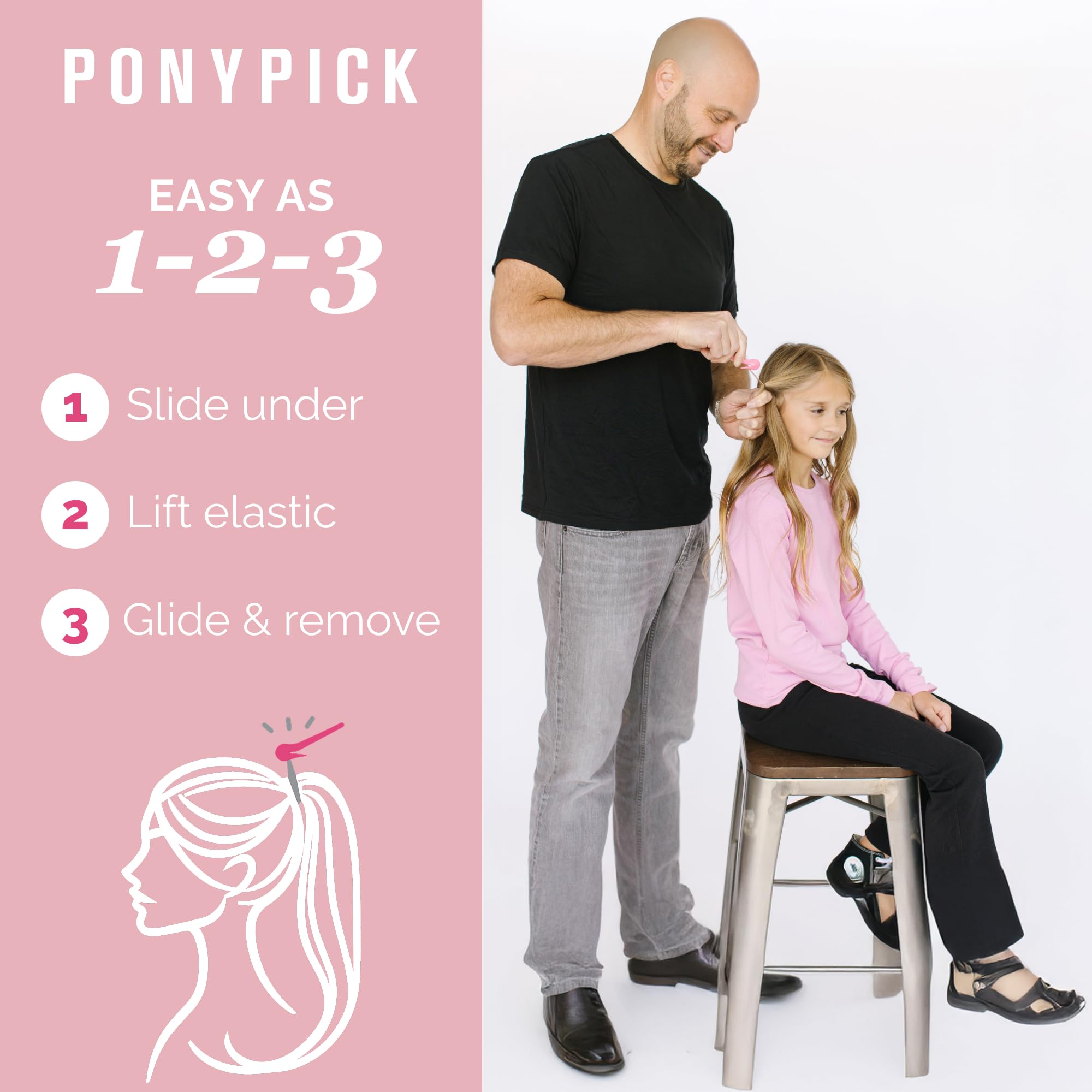 Pony Pick, utilisation en trois étapes pour retirer rapidement les élastiques.