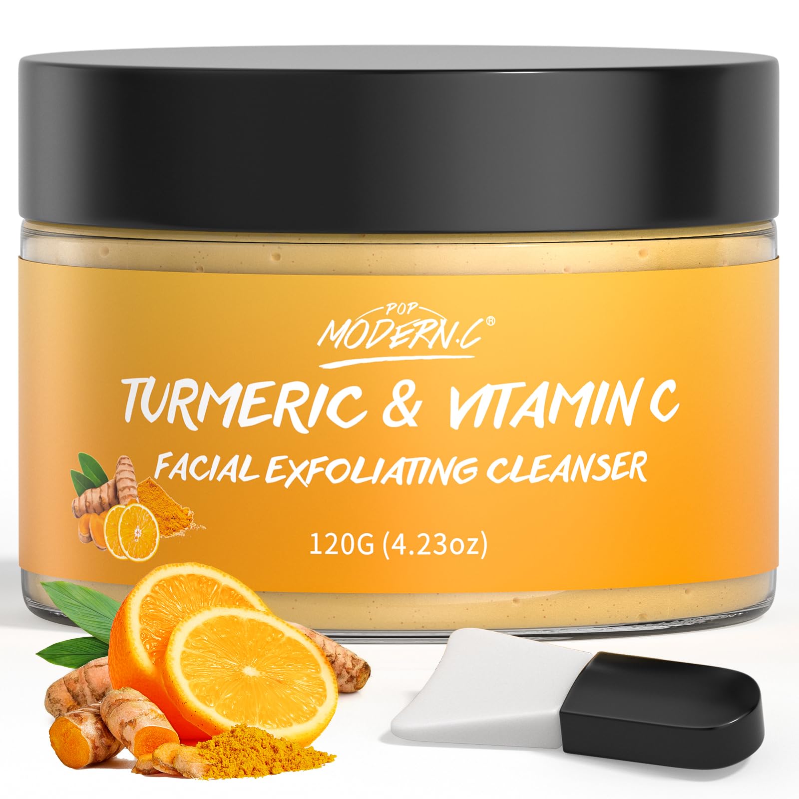 POP MODERN.C Nettoyant gommant au curcuma — bouteille, nettoie et exfolie en douceur.