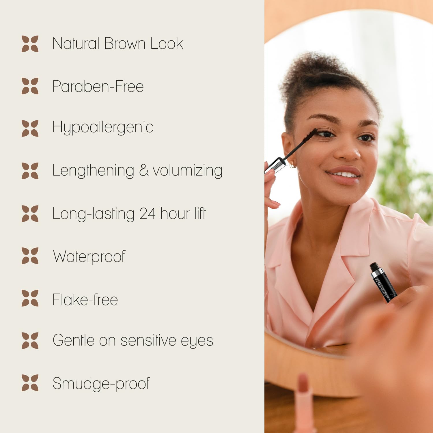 Poppy Austin Mascara brun – huile d’argan nourrissante pour des cils revitalisés.