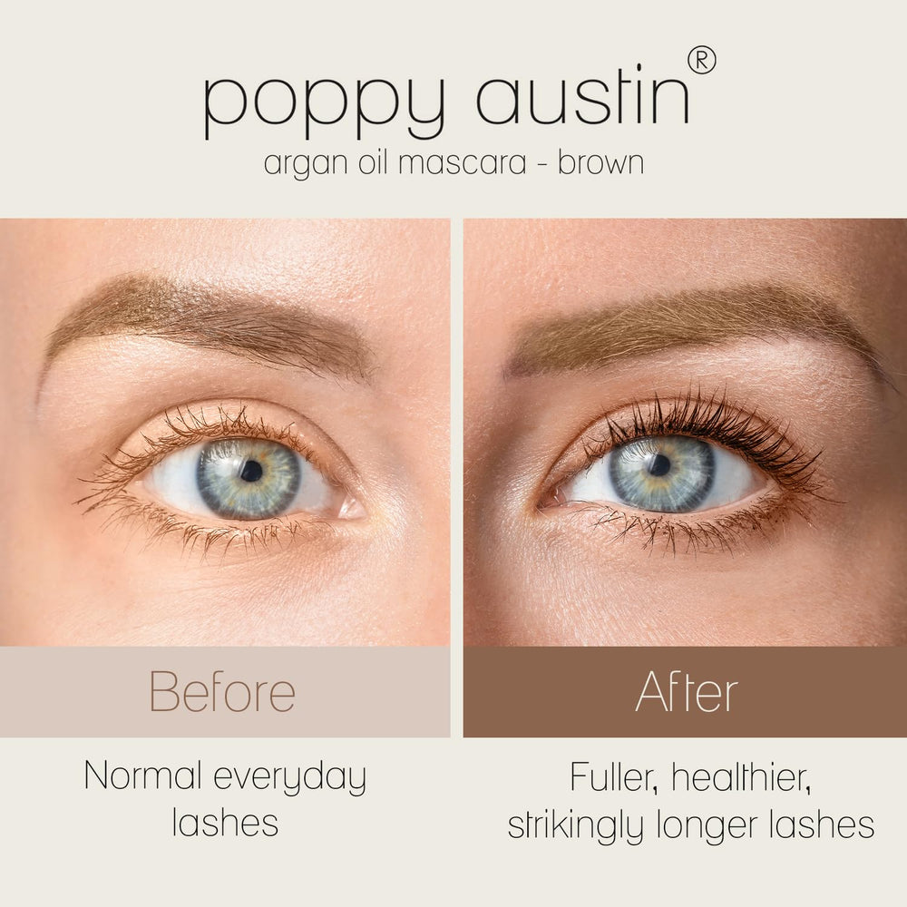 Poppy Austin Mascara brun – longueur et volume visibles sans paquets.