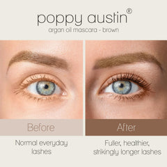 Poppy Austin Mascara brun – longueur et volume visibles sans paquets.