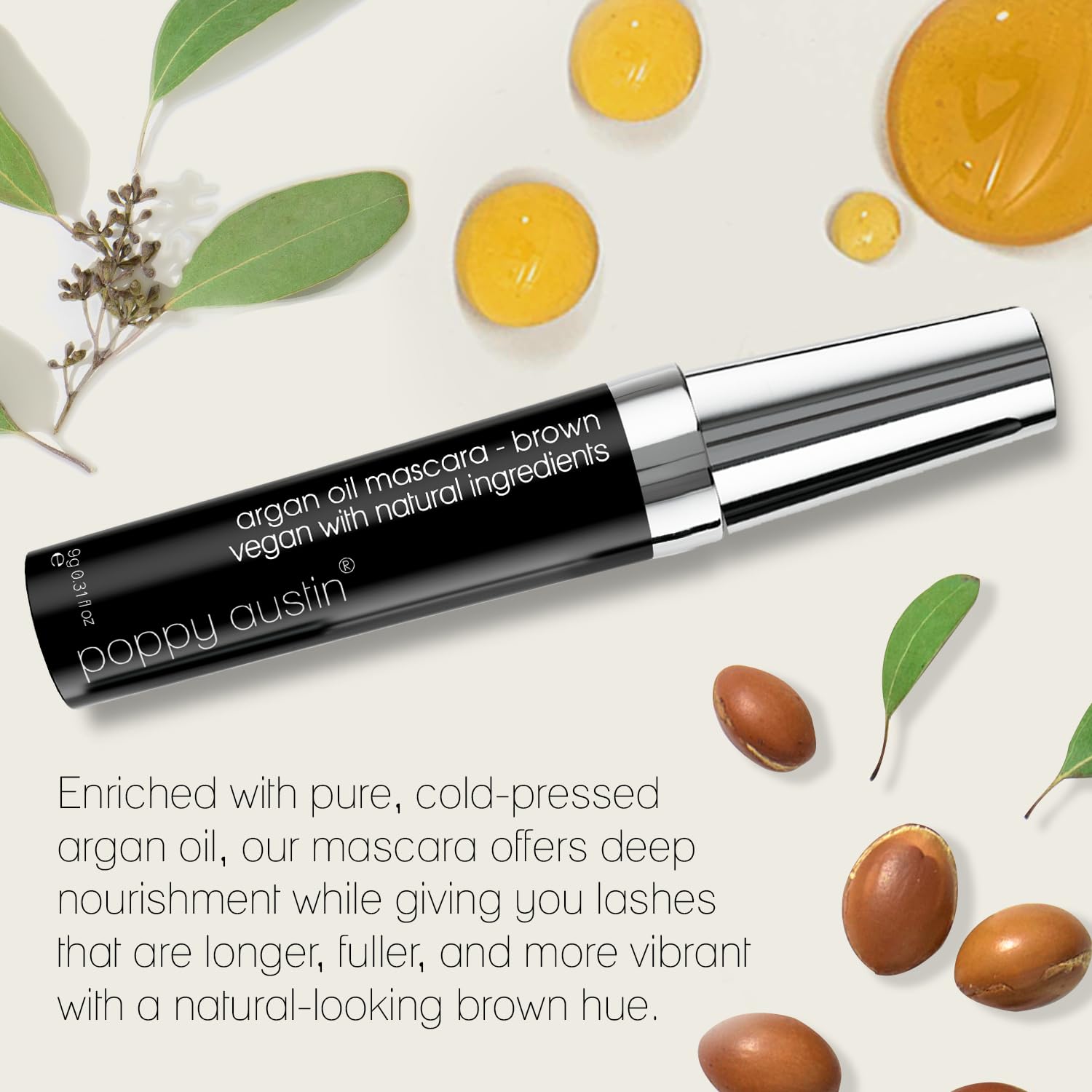 Poppy Austin Mascara brun – formule hypoallergénique respectant les yeux sensibles.