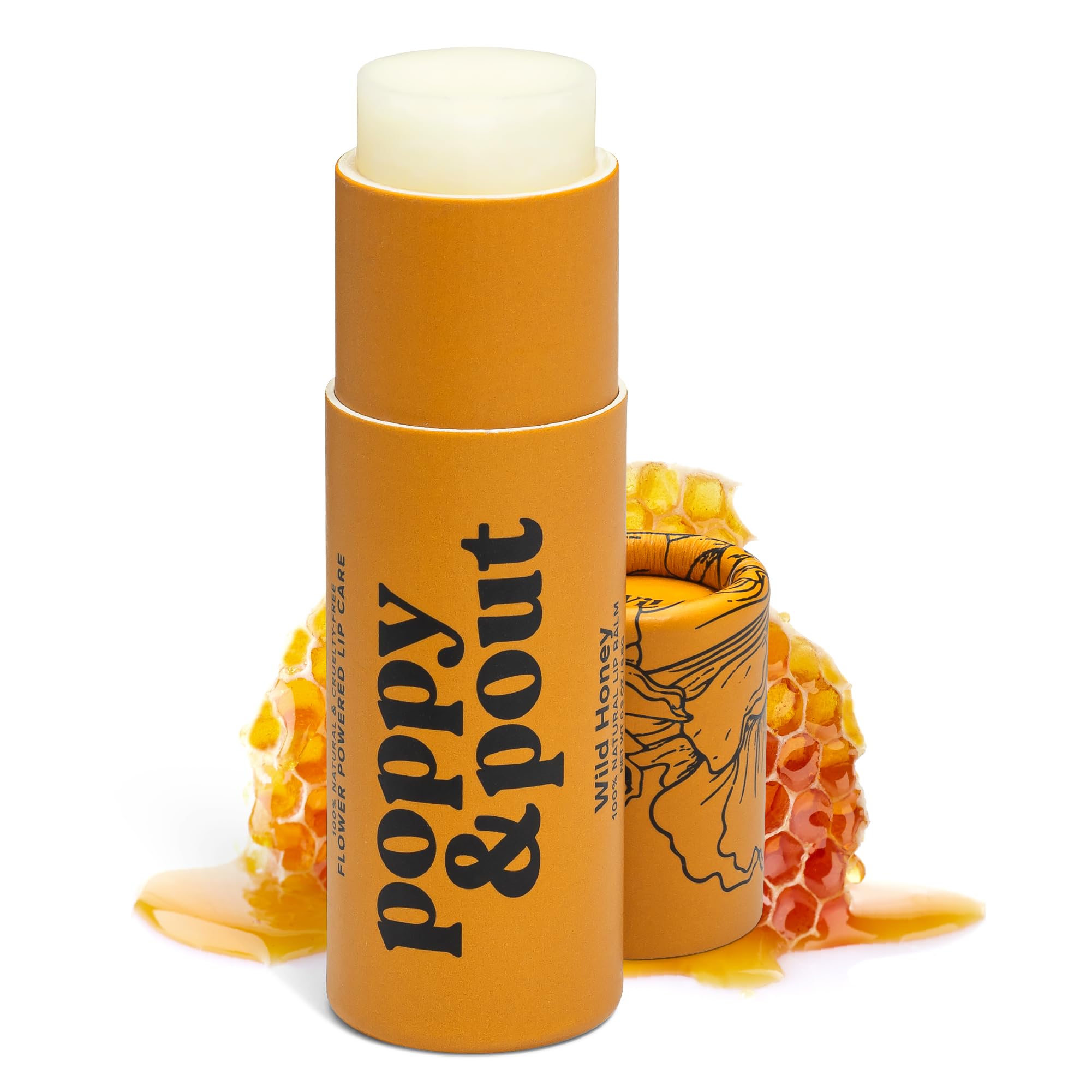 Poppy & Pout baume à lèvres Wild Honey Jumbo dans tube jaune, hydratation naturelle.