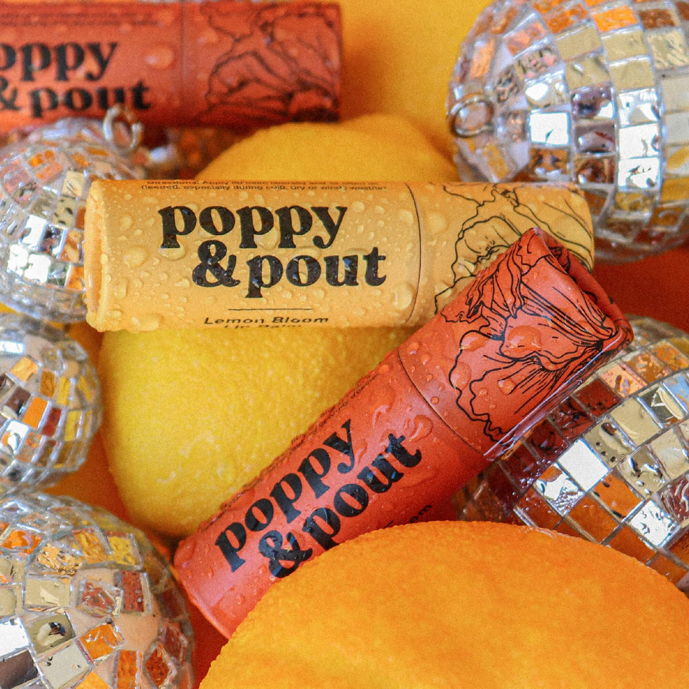 Poppy & Pout Lemon Bloom, hydratation durable pour lèvres sèches.