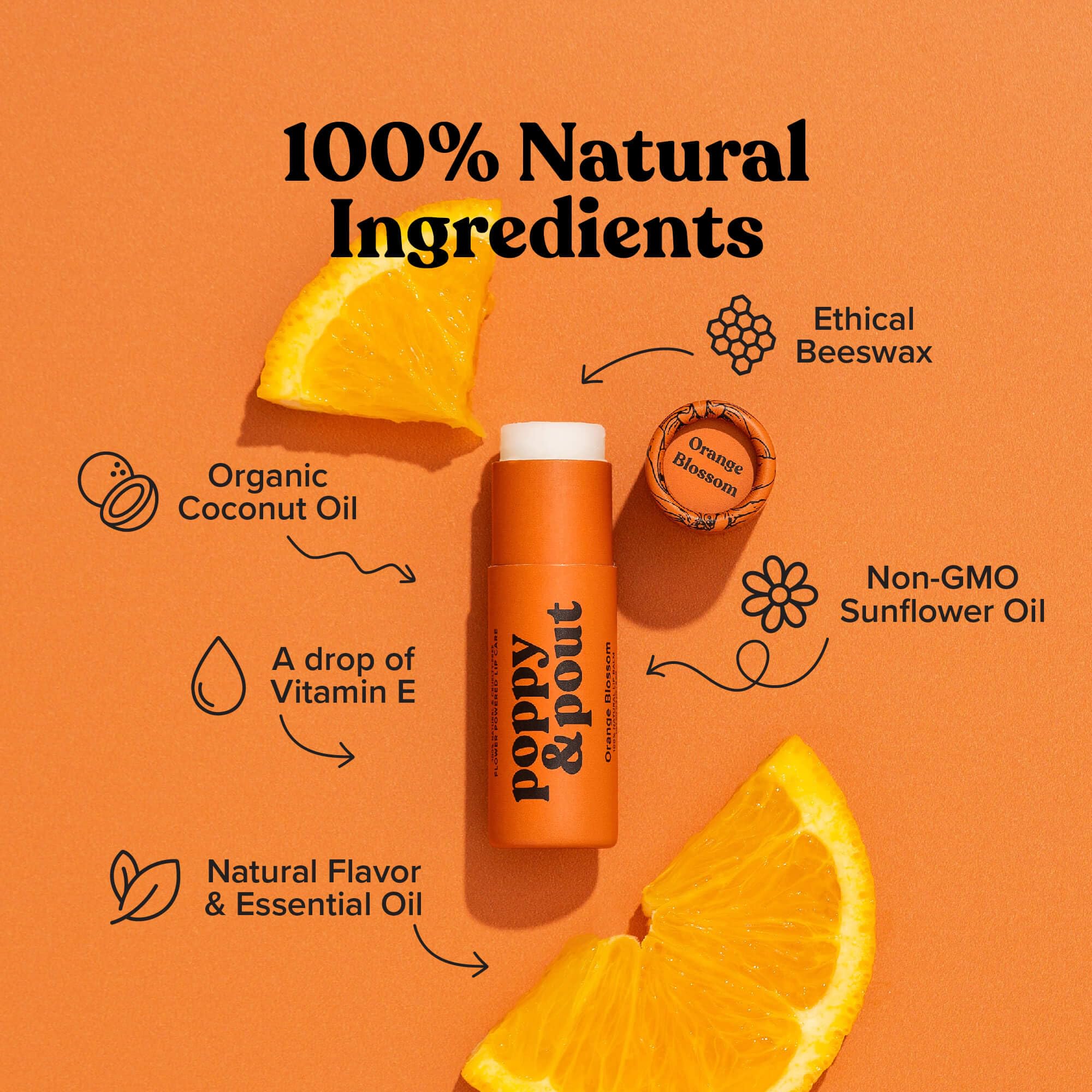 Texture riche du baume Orange Bloom sur les lèvres pour hydrater rapidement.