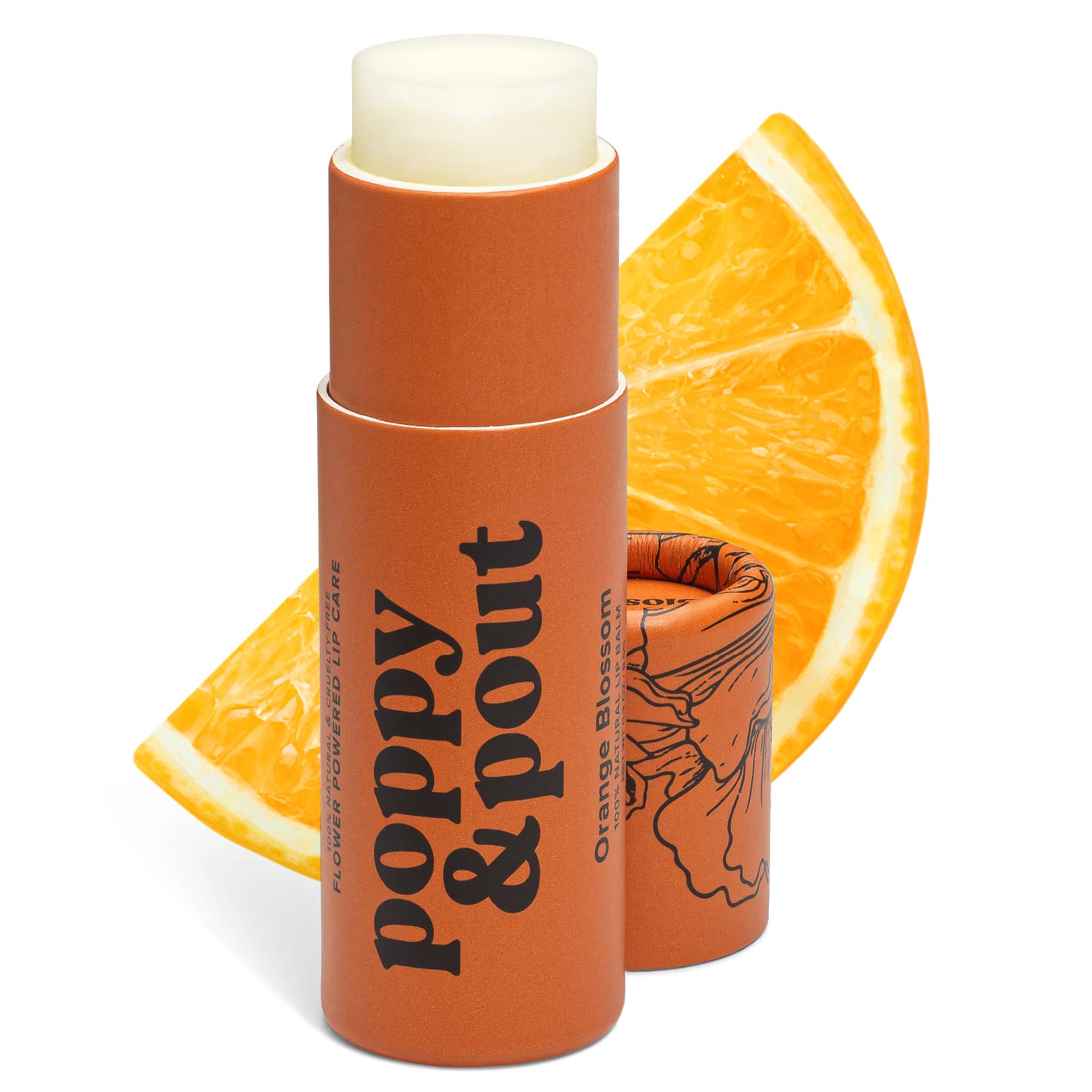 Poppy & Pout baume lèvres Orange Bloom dans son tube recyclable, hydratation légère et durable.
