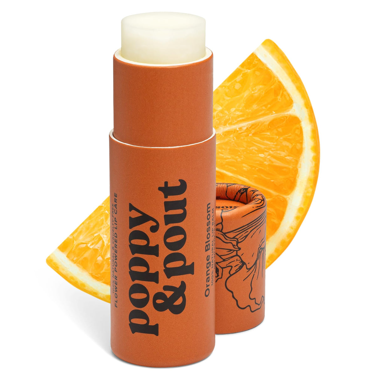 Poppy & Pout baume lèvres Orange Bloom dans son tube recyclable, hydratation légère et durable.