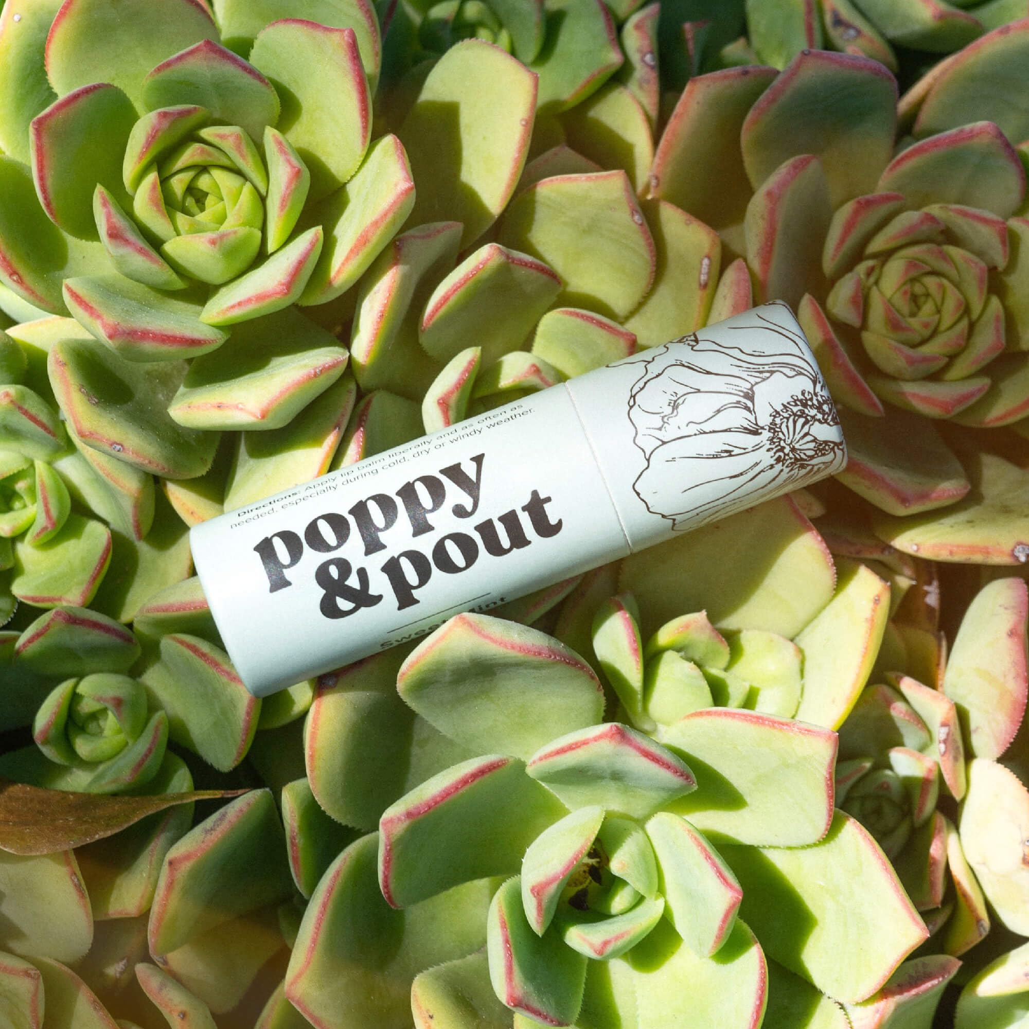 Emballage biodégradable du baume Poppy & Pout Menthe Douce.