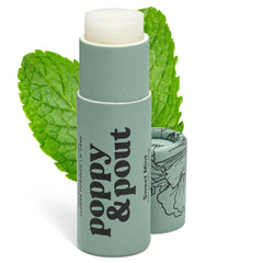 Baume Poppy & Pout Menthe Douce, tube en carton recyclable prêt à emporter.