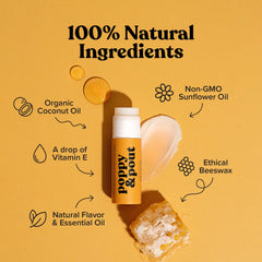 Ingrédients naturels: cire d'abeille et huile de coco pour nourrir les lèvres, Poppy & Pout.