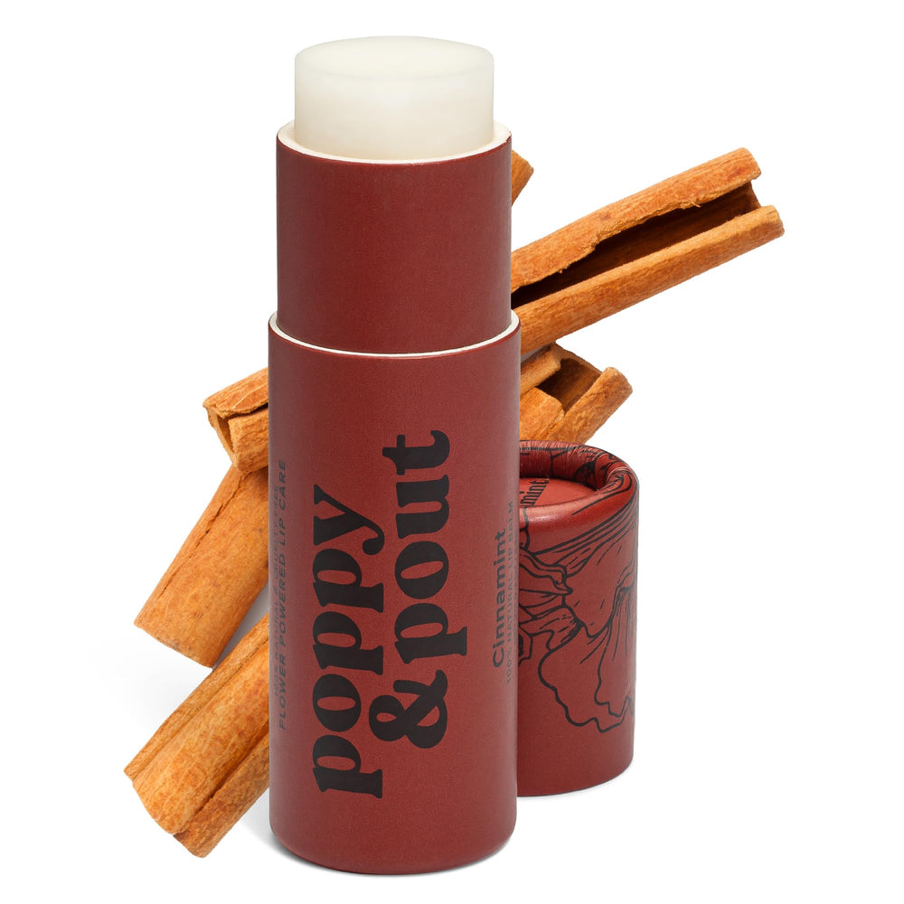 Baume Cinnamint Poppy & Pout dans son tube carton recyclable, texture riche.