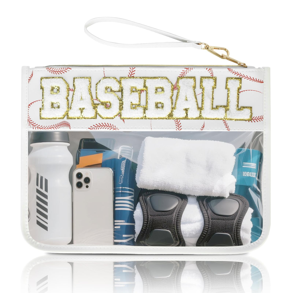 Sac cosmétique PPeen base-ball chenille lettre pailletée, pratique pour maquillage.