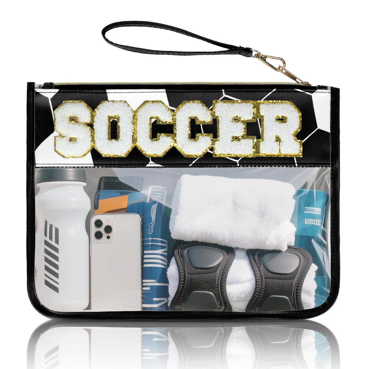 Sac à maquillage PPeen football avec patch lettre chenille, repérage facile.