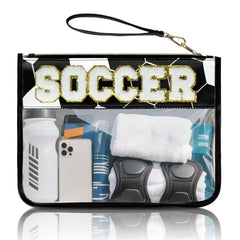 Sac à maquillage PPeen football avec patch lettre chenille, repérage facile.