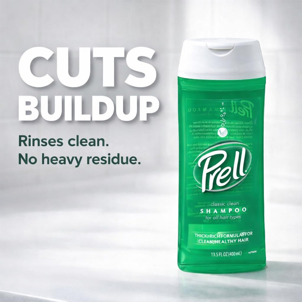 Prell 2-in-1 13.5oz bottle on shelf for daily use.